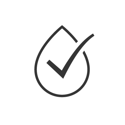 A dark gray outline icon of a water droplet containing a checkmark, centered on a solid white background.