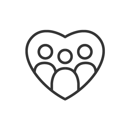 A minimalist black line icon depicting a heart shape enclosing three stylized human figures, centered on a solid white background.