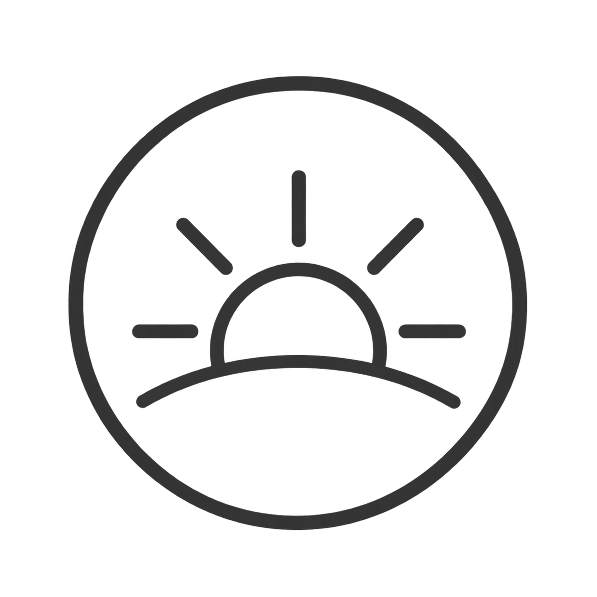 A minimalist black line icon depicting a rising sun inside a circle, centered on a solid white background.
