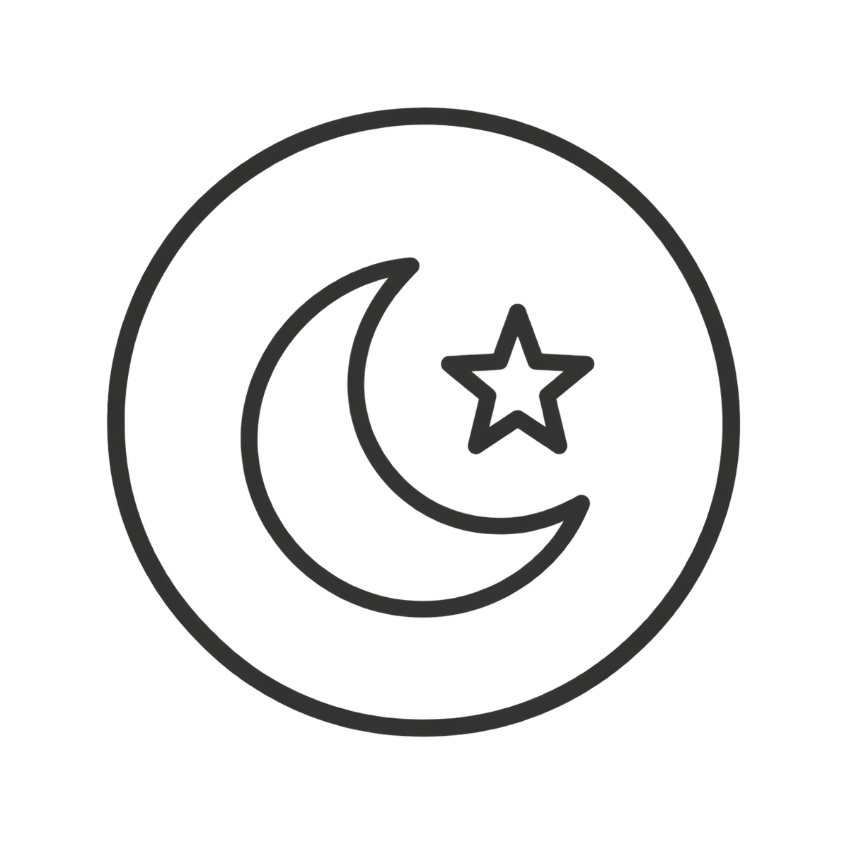 A minimalist black line icon depicting a crescent moon and a four-pointed star inside a circle, centered on a solid white background.