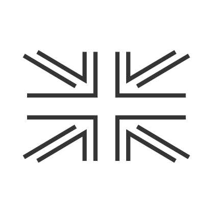 A minimalist black line-art icon of the Union Jack flag on a solid white background.