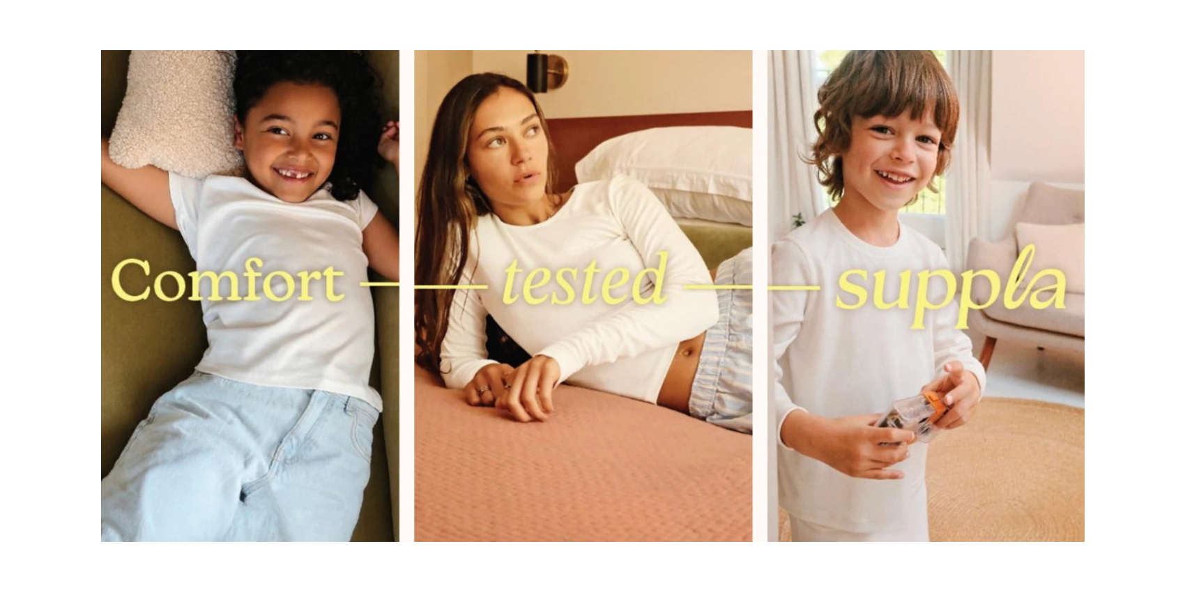 Three children in white shirts with text about comfort and supple bedding.